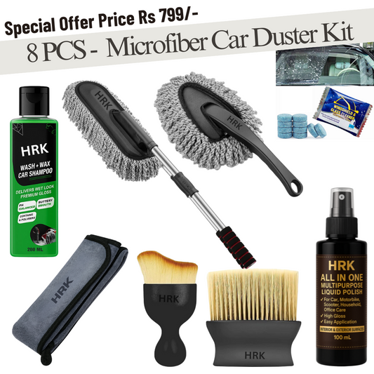 All-in-One Car Cleaning Kit – Pack of 8 | Microfiber Duster, Cloth, Brushes, Polish, Shampoo & Glass Cleaning Tablets